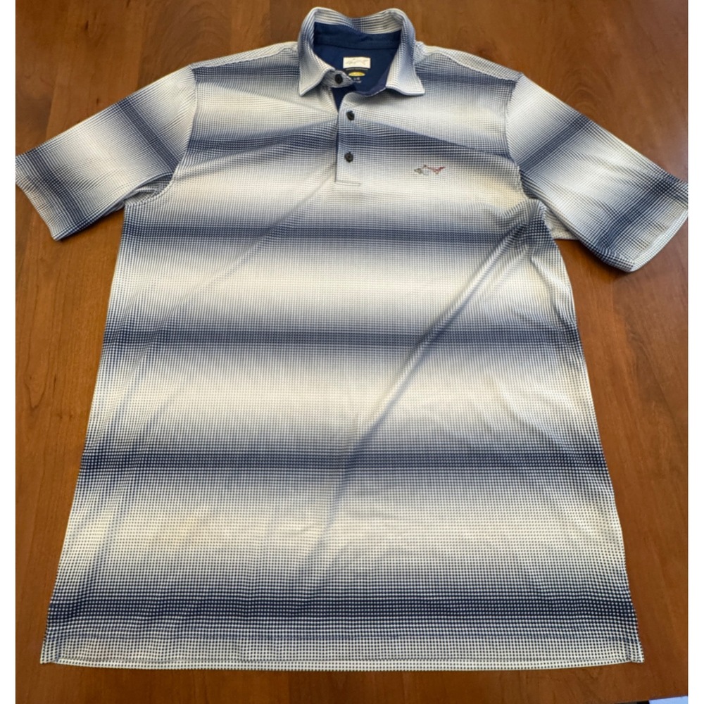 Greg Norman Play Dry Mens Large Blue White Gradient Dot Stripe Golf‎ Polo Shirt